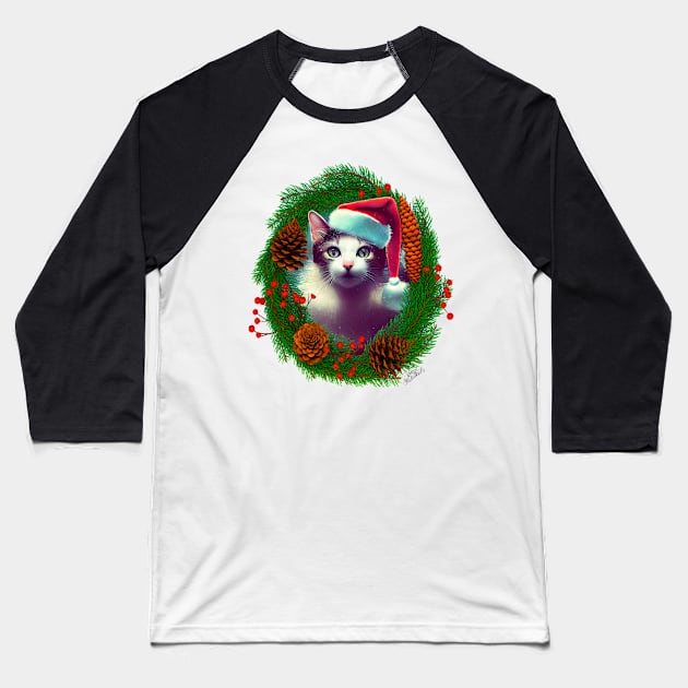 Cat in Christmas wreath Baseball T-Shirt by extraordinar-ia